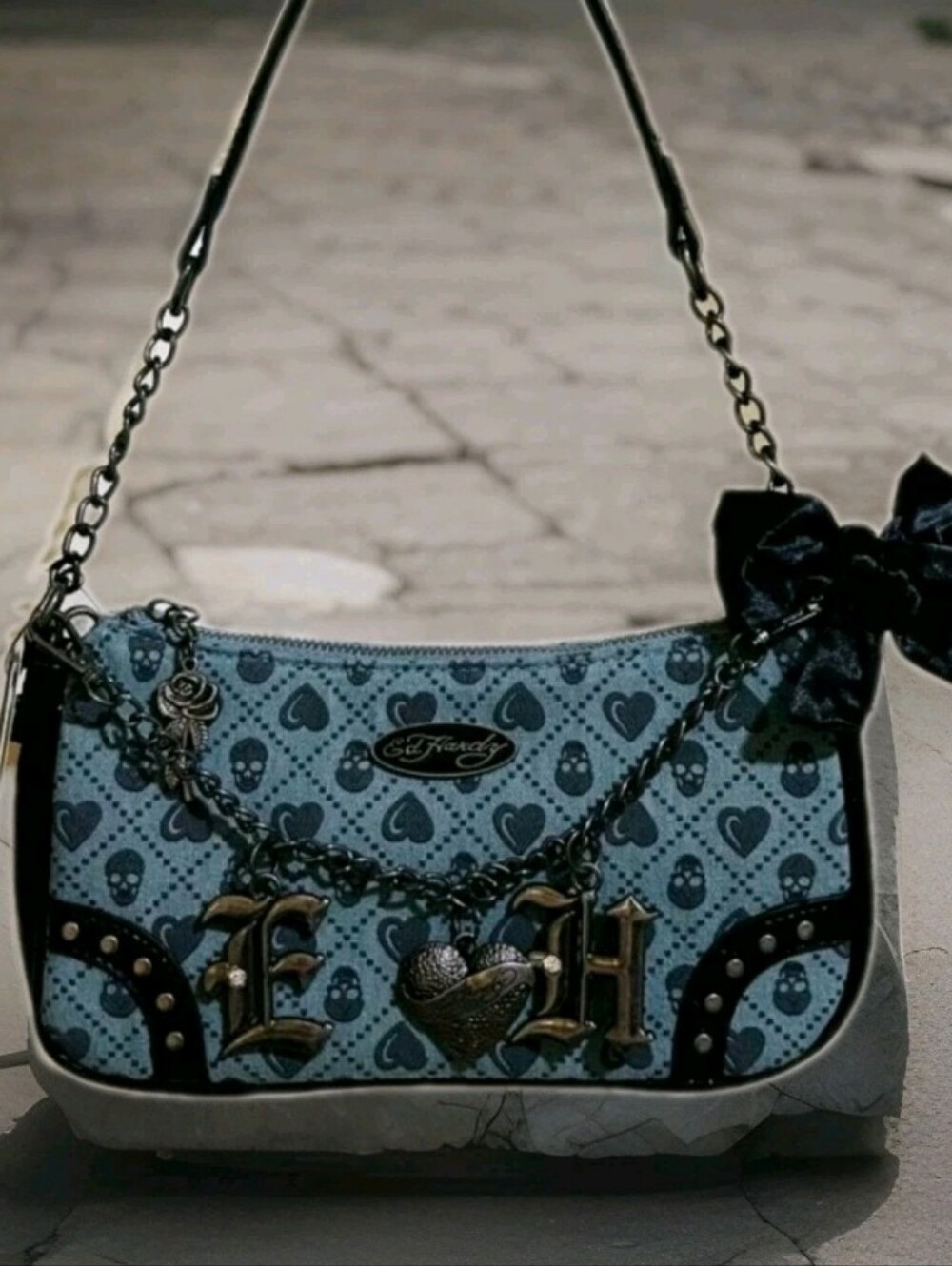 Ed Hardy Purse Blue Denim Charm Shoulder Crossbody Bag Heart Skull Edgy Y2K